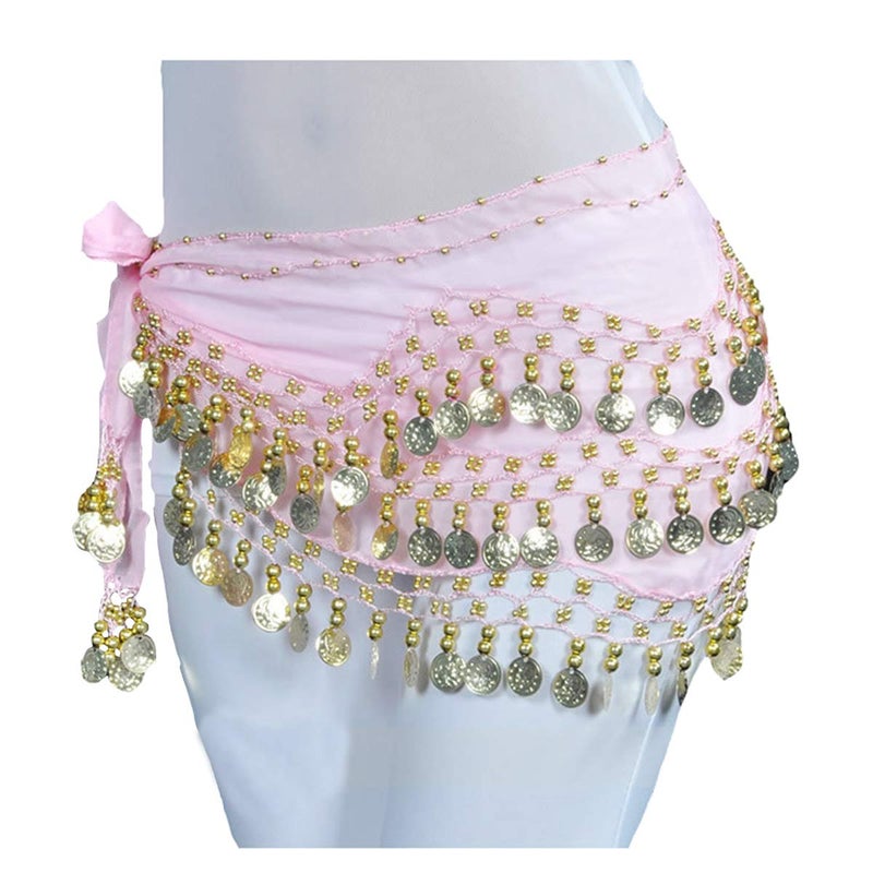 Lauthen.S 128 Coins Belly Dance Hip Scarf Tribal Belt Halloween Genie Costume Accessory Pink - Image 2